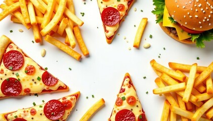 Scattered french fries, burger, pizza slices on white , food photography, food photography props, greasy