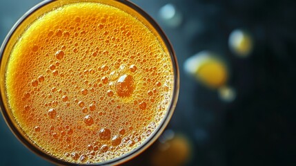 Freshly Squeezed Orange Juice in a Glass with Bubbles and Foam
