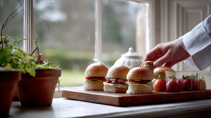 Miniature Sandwiches Served by a Waiter