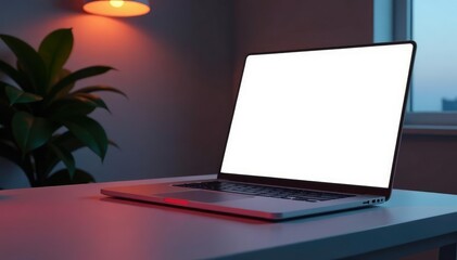 Laptop with blank screen on table, minimalist setting, white, technology, concentration