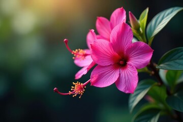 Obraz premium Vibrant fuchsia blossoms, intricate leafy details, magenta flower, vivid, garden