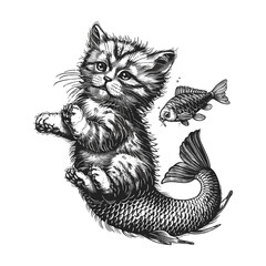 Black and white cute mermaid tabby cat, vintage engraving illustration, hand drawn outline graphic, logo emblem, fish illustration, trendy, isolated object, old sketch, black sketch