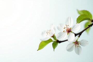 Delicate white blossoms on a branch against pure white background , plant, tranquil