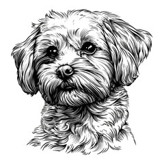 Cute Maltipoo dog logo, black sketch, vintage, trendy, old engraving style, pet illustration, animal design, logo set, cute dog breed, adorable Maltipoo, pet branding, trendy logo
