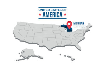 Michigan Highlighted On A 3D Map Of The United States Of America