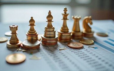 Golden chess pieces stand on stacks of coins atop financial documents, symbolizing strategic financial planning and investment.