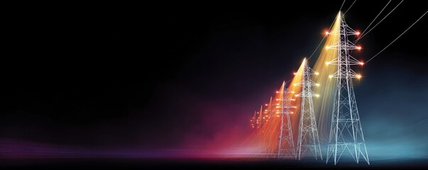 under 200 characters): Colorful illuminated power lines and transmission towers stretch into the night, representing energy and electricity distribution.