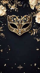Black and gold masquerade party invitation,no face visible, soft pastel colors, floral background, no people in the frame, no shadows, flat lay.