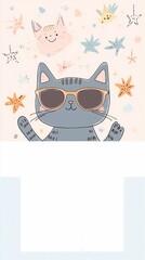 Cute cat wearing sunglasses birthday party invitation template, pastel colors with text "birthday party " porous" stars and stripes on the right side of card, simple design,