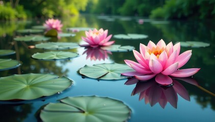 Intricate water lilies bloom across serene lake surface, aquatic plants, pattern, texture