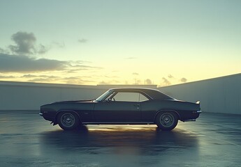 Black Classic Muscle Car at Sunset in Parking Lot