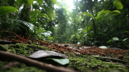 Fototapeta premium Leafcutter Ants Marching Through the Rainforest Floor