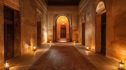 Fototapeta premium Serene Hallway with Warm Lighting and Traditional Moroccan Decor