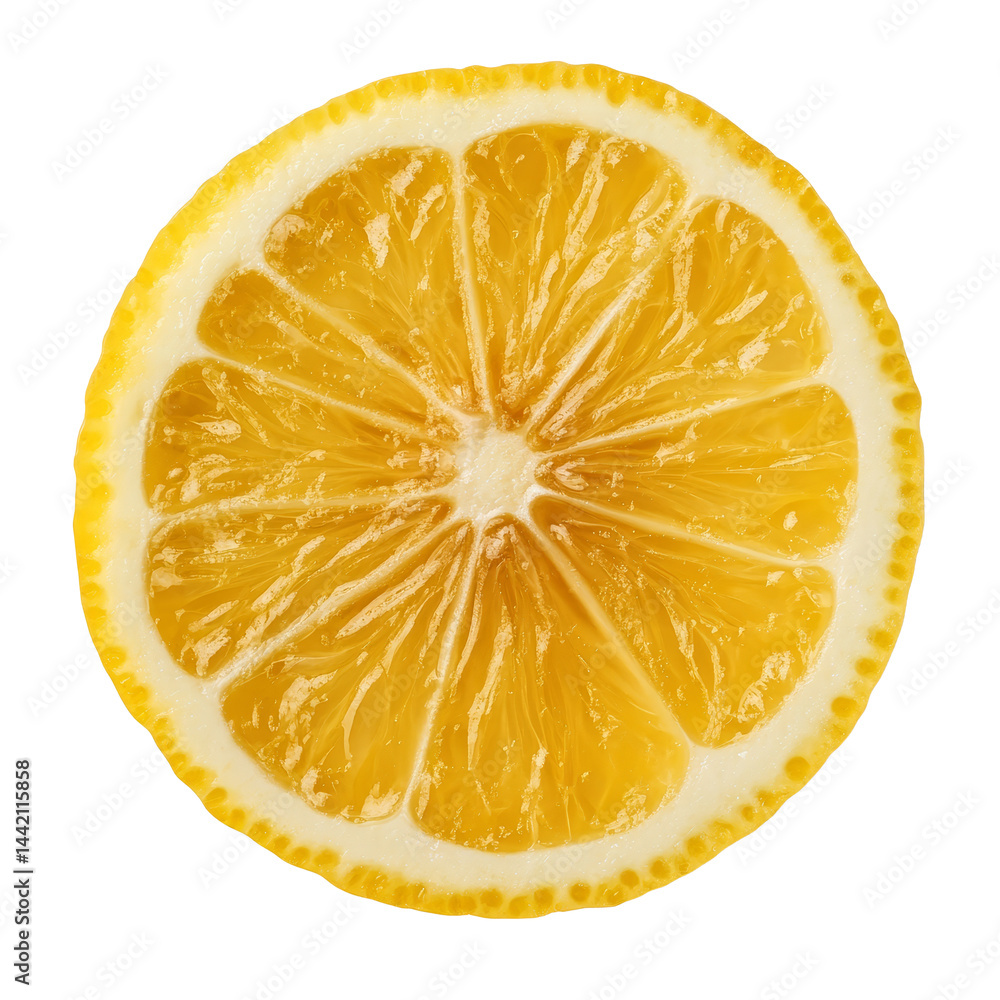 Poster top view of a textured ripe lemon slice showcasing its vibrant yellow color and juicy segments on a 