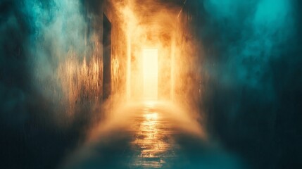 Obraz premium Mysterious Foggy Corridor with Glowing Doorway in Dim Lighting