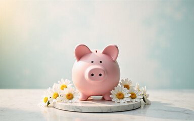 A pink piggy bank sits on a marble base, surrounded by white daisies.  A symbol of saving and financial growth, springtime freshness is implied.