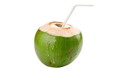 Fresh green coconut with straw ready to drinking isolated on transparent background