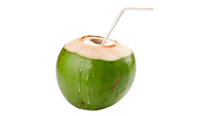 Fresh green coconut with straw ready to drinking isolated on transparent background