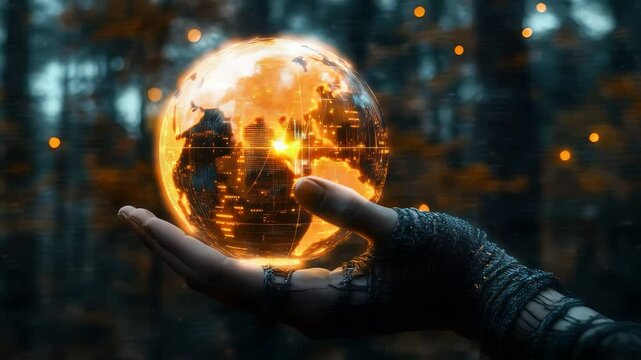 Hand Holding Glowing Globe with Digital Map in Forest Background

