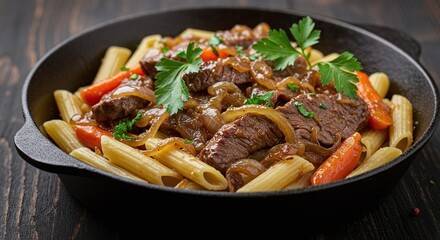 Beef tips with pasta and vegetables served in a cast iron skillet on a wood table