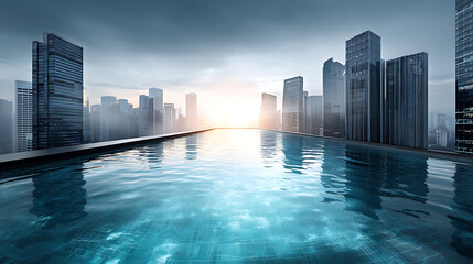 Urban Oasis: Infinity Pool Reflecting Cityscape at Dawn