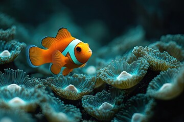 Vibrant orange fish amongst teal sea anemones.