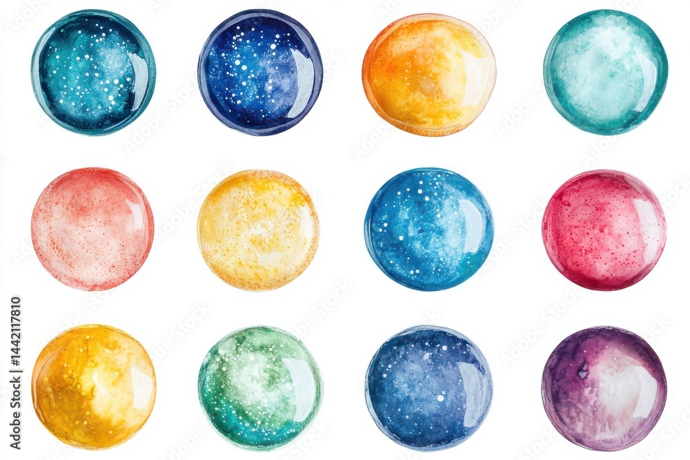 Poster twelve watercolor circles in various colors with different textures and patterns on a white backgrou