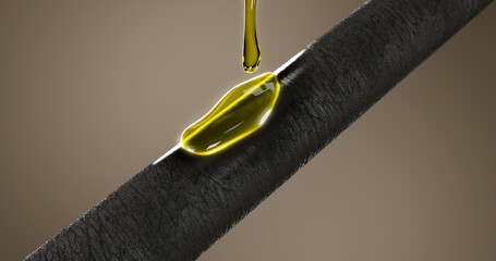 Close-up 3D illustration of golden oil drops on dry, damaged black hair. Concept of hair nourishment, oil treatment and moisture restoration to make hair healthy and shiny.