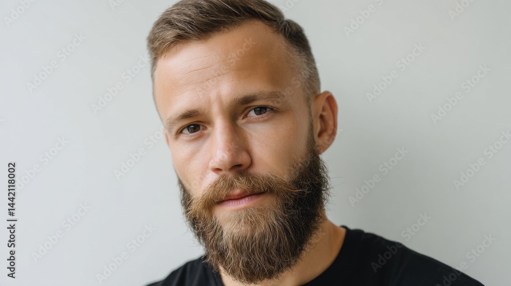 Poster A man with a well-groomed beard wears a black shirt while engaging in deep thought. The soft lighting highlights his features as he stands against a light backdrop, creating an inviting atmosphere