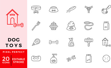 Dog Toys Icon Set 20 Flat Outline Vector Icons Editable Stroke, Pet Toy Food, Care Tools Collection