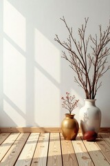 Dry isolated branches on wooden planks on white floor, isolation, brown