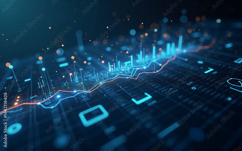 Poster abstract digital landscape showing data streams, glowing lines forming a rising graph, embedded with