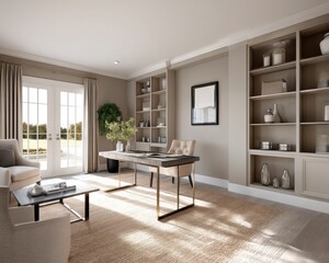 Home office with built-in shelving, natural light, comfortable workspace - light productivity natural quiet