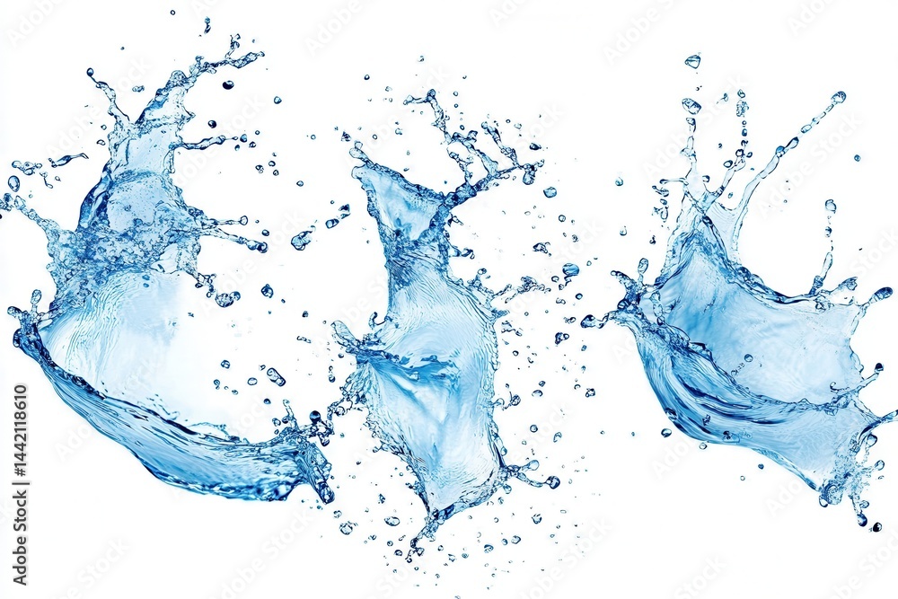 Poster three separate water splashes with droplets on a white background in a studio shot image