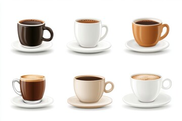 Obraz premium A collection of six cups of coffee in different colors on saucers against a white background