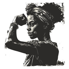 Black sketch of strong African woman flexing arm, vintage minimalist design, bold confident pose, engraving style drawing, empowerment concept, stylish female figure