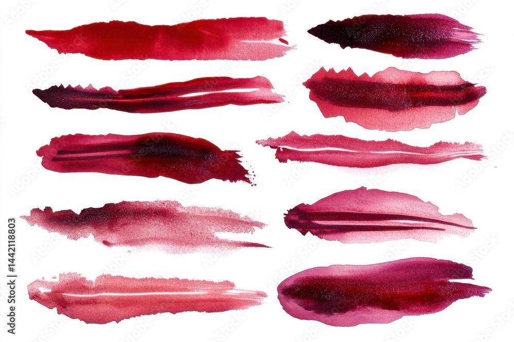 Poster collection of red watercolor brush strokes on a white background creating an abstract pattern art 10
