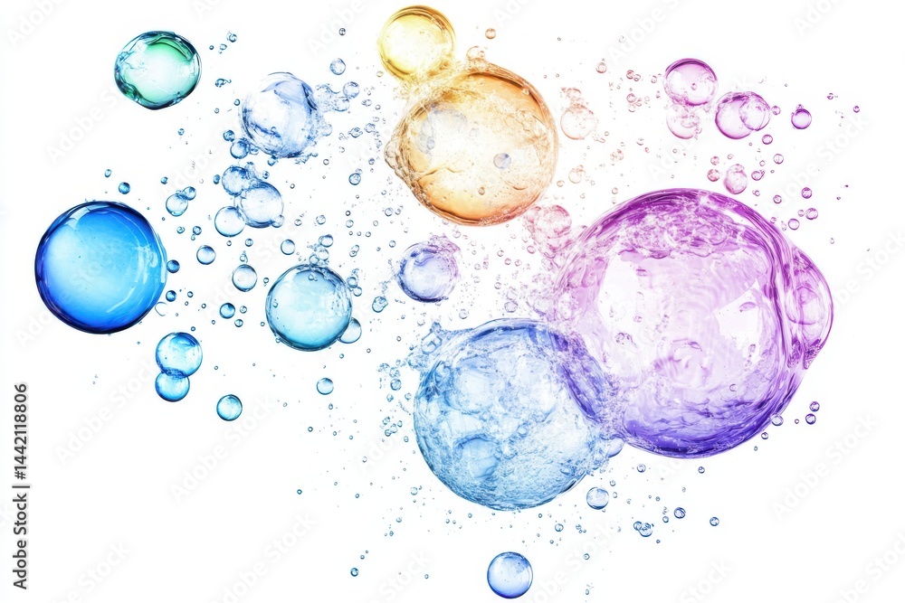 Poster a vibrant display of multicolored bubbles floating against a pristine white background scene shot
