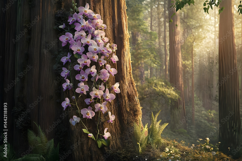 Poster lush forest scene with vibrant orchids cascading down a tree trunk.