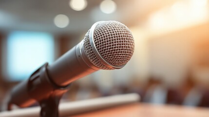 Obraz premium A close-up of a microphone on a stand in a brightly lit conference or presentation room.