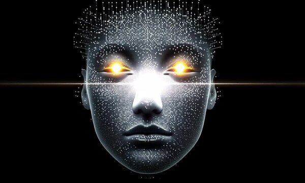 Abstract glowing AI face constructed from data particles and neural networks on black background