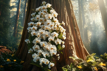 Massive display of white orchids by ancient redwood tree. © Muhammad