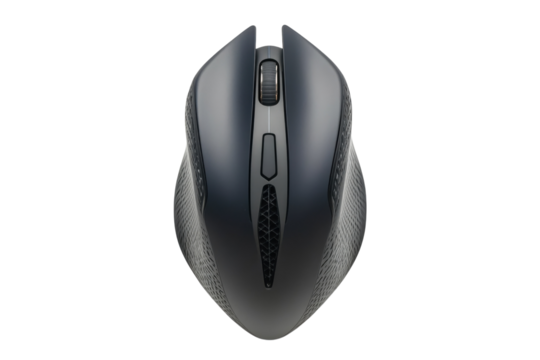 Sleek black wireless computer mouse ergonomic design textured surface top view on white background