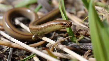 Fototapeta premium Slow Worm Among Grass and Twigs