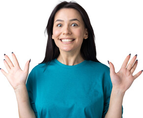 Young beautiful woman with facial expression of surprise standing over gray background.