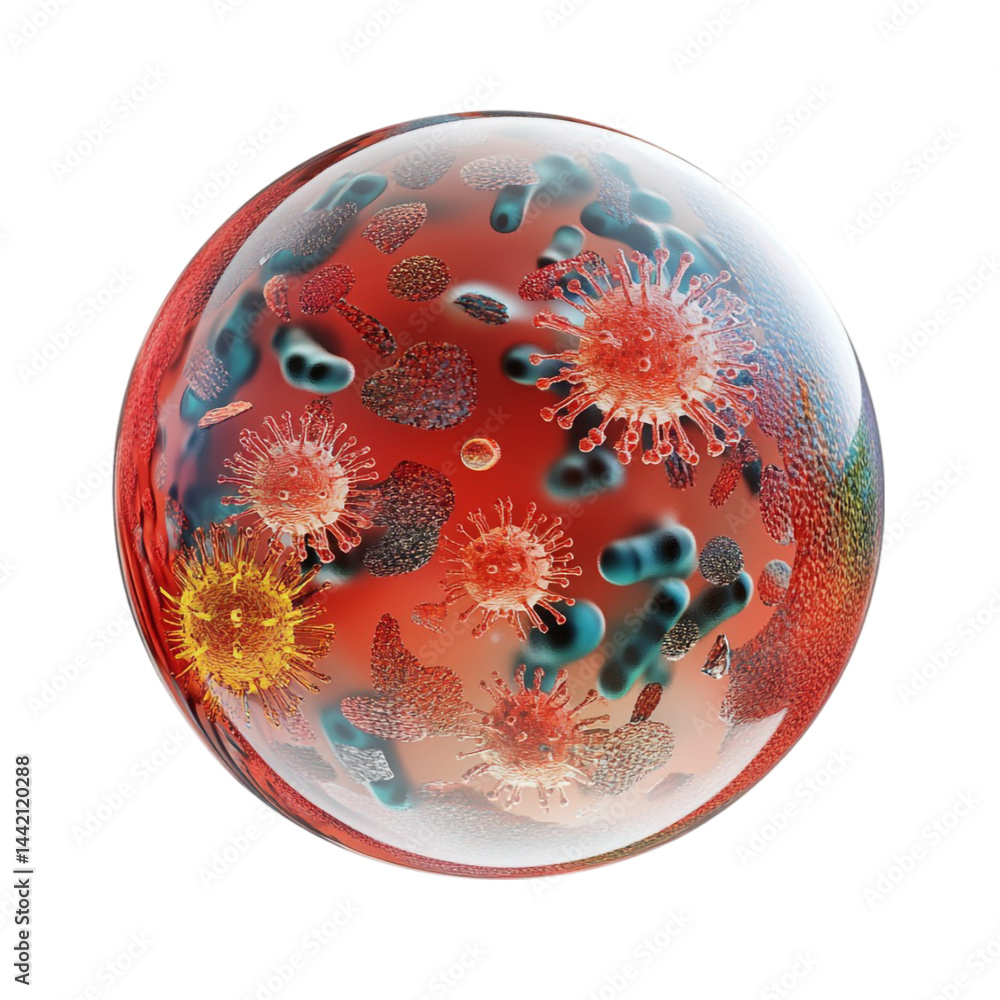 Poster microscopic view of viruses and bacteria inside a transparent sphere a 3d render of infectious agent