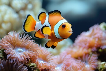 Obraz premium Vibrant clownfish swimming amidst coral reef.
