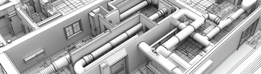 High-angle close-up of a technical drawing highlighting plumbing and electrical systems within a home - Engineering Renovation Schematic