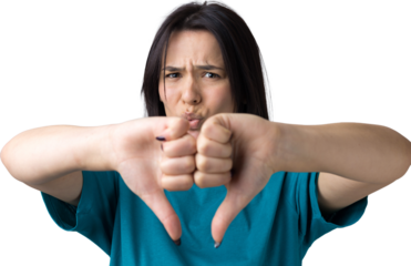 Young brunette in a blue tank top giving thumb down gesture looking with negative expression