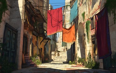 Fototapeta premium Sunlit Mediterranean Alleyway with Colorful Hanging Textiles